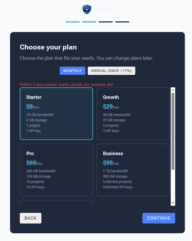 Onboarding step 2 — plan selection